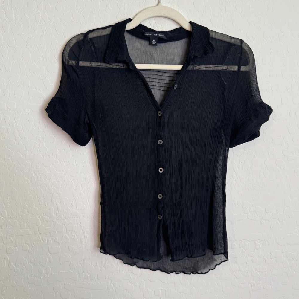 VTG Y2K Banana Republic Womens Blouse M Black Sheer Crinkle Button Witchy Goth